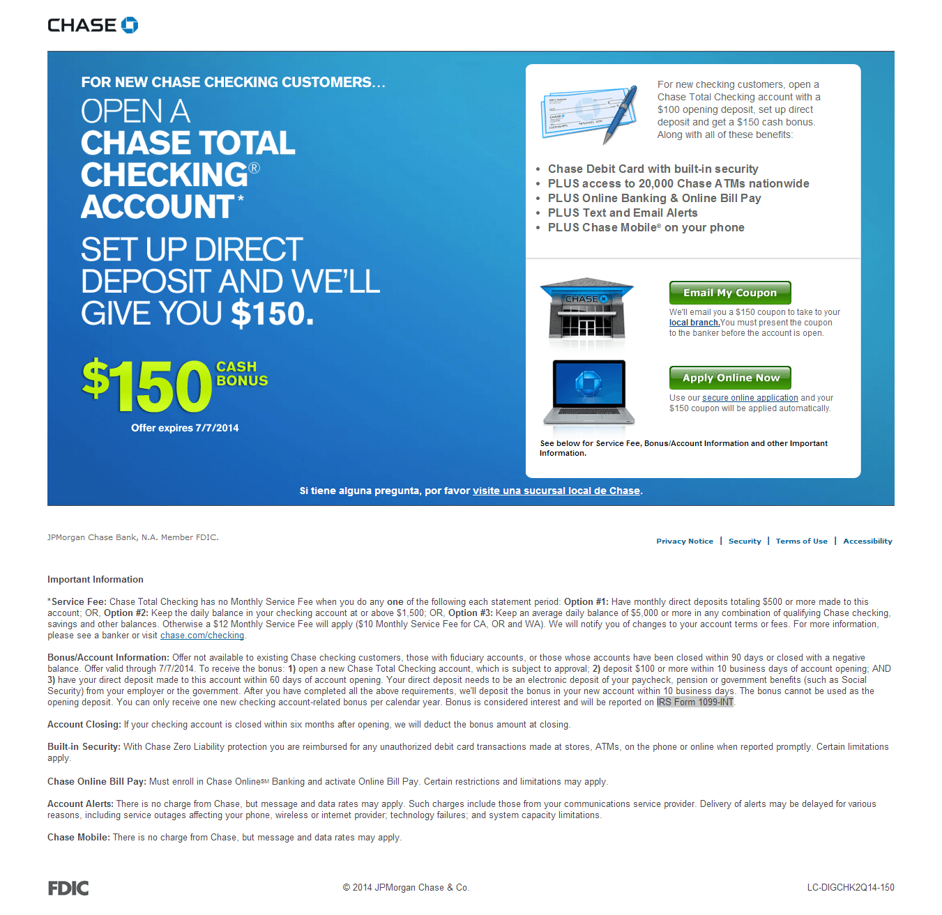 [expired] Chase 150 Checking Coupon Code Publicly Available