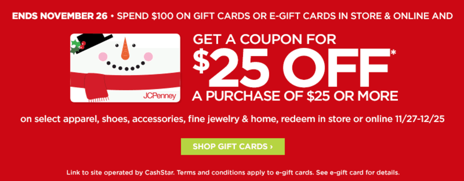 $25 off $25 at JC Penney with Gift Card Purchase, Stack with Amex