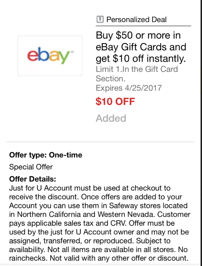 [YMMV] Safeway: $50 eBay Gift Card for $40 (limit 1) - Doctor Of Credit