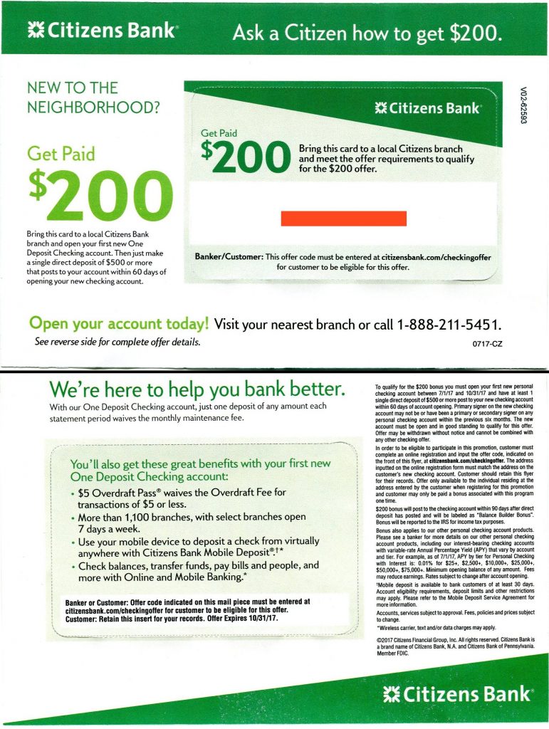 Expired Citizens Bank 200 Checking Bonus Targeted Moving Packs Ct De Ma Mi Nh Nj Ny 5882