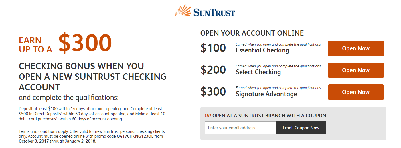 SunTrust Up To 300 Checking Promotion AL AR FL GA MD MS NC