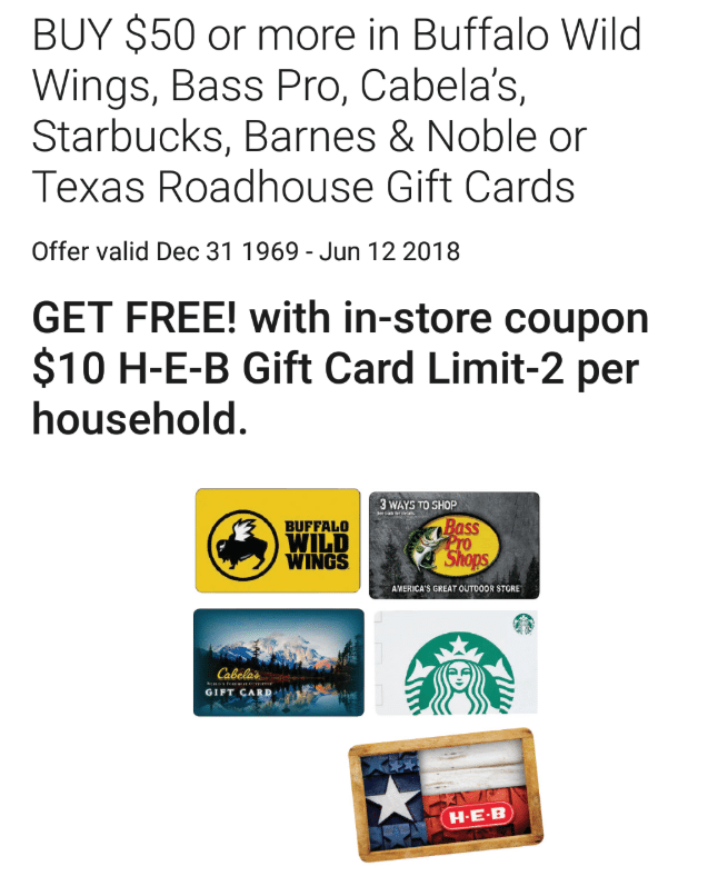 H-E-B [TX only]: Buy $50 In Gift Cards (Starbucks & More) Receive