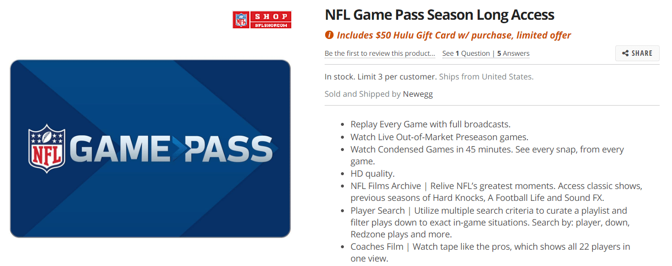 Newegg: NFL Annual Game Pass + $50 Hulu Giftcard For $99.99