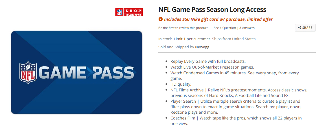 Newegg: NFL Annual Game Pass + $50 Hulu Giftcard For $99.99