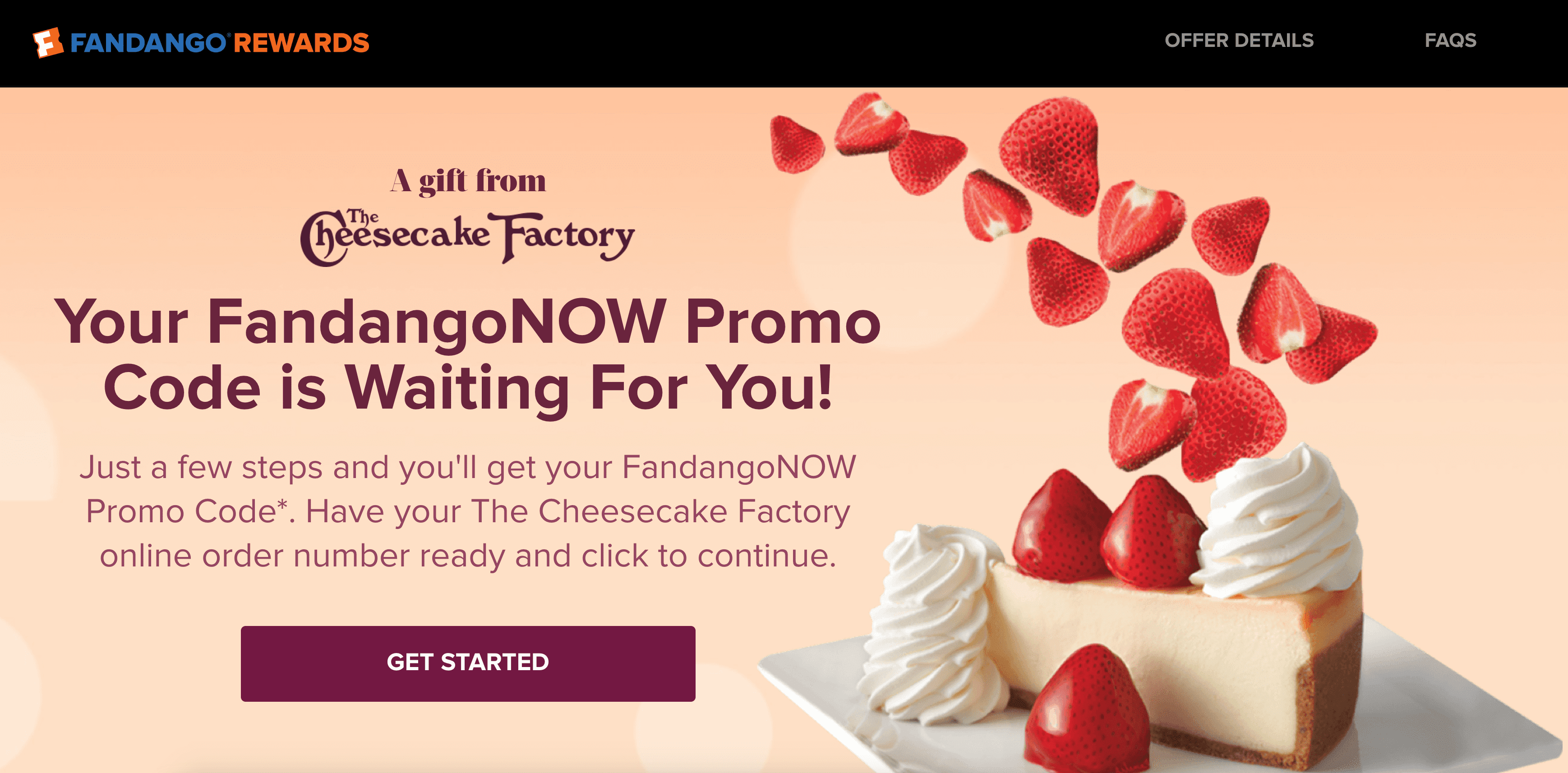 [Expired] Free FandangoNow Promo Code with Cheesecake Factory Order