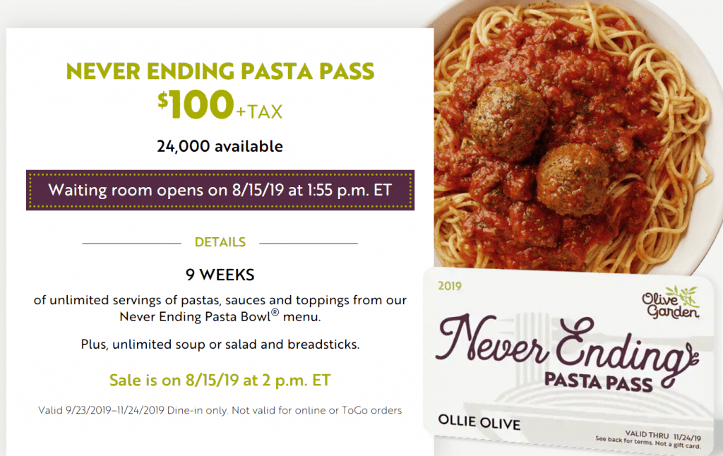 [OOS] Olive Garden Never Ending Pasta Pass 9 Weeks/Lifetime Pass For