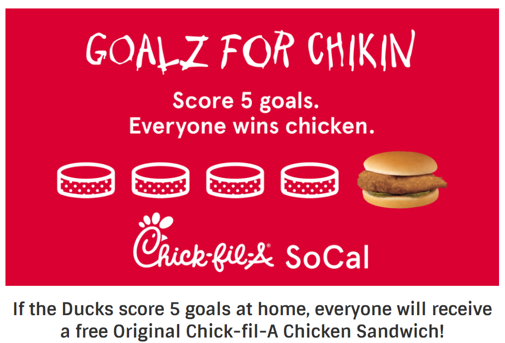 [SoCal] ChickfilA Free Chicken Sandwich When The Ducks Score 5 Goals