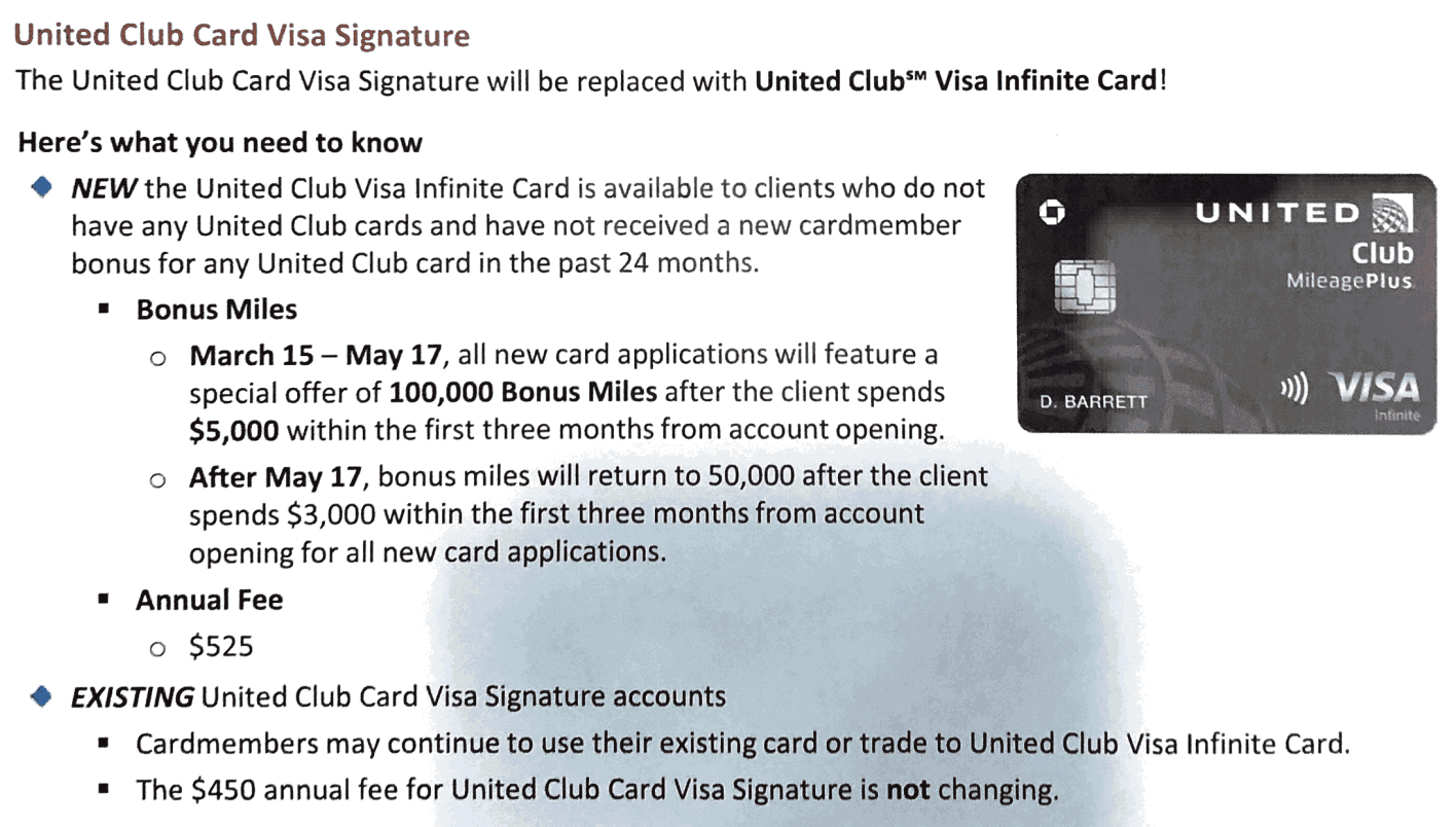 Memo] United Club Card To Become Visa Infinite; Annual Fee Increase To  $525; 100,000 Signup Bonus (3/15-5/17) - Doctor Of Credit