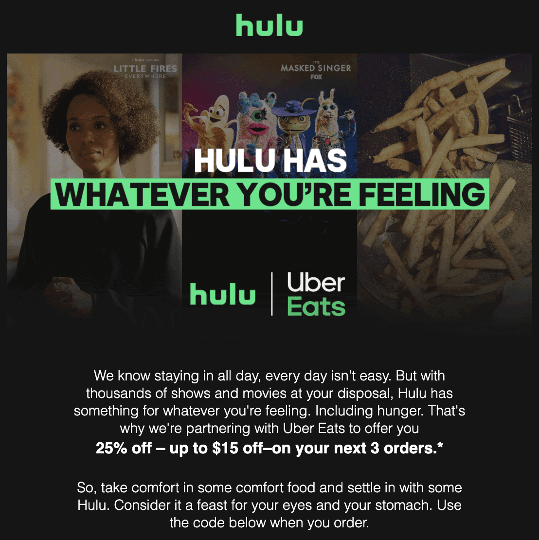[Expired] [Targeted] Hulu Sending Out 25 UberEATS Discount Codes To