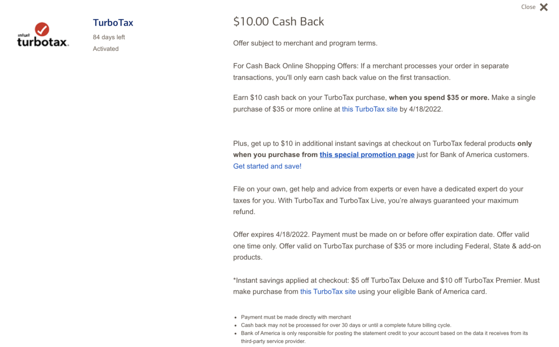 Chase Offers/BofA TurboTax, Get 10 Cashback Doctor Of Credit