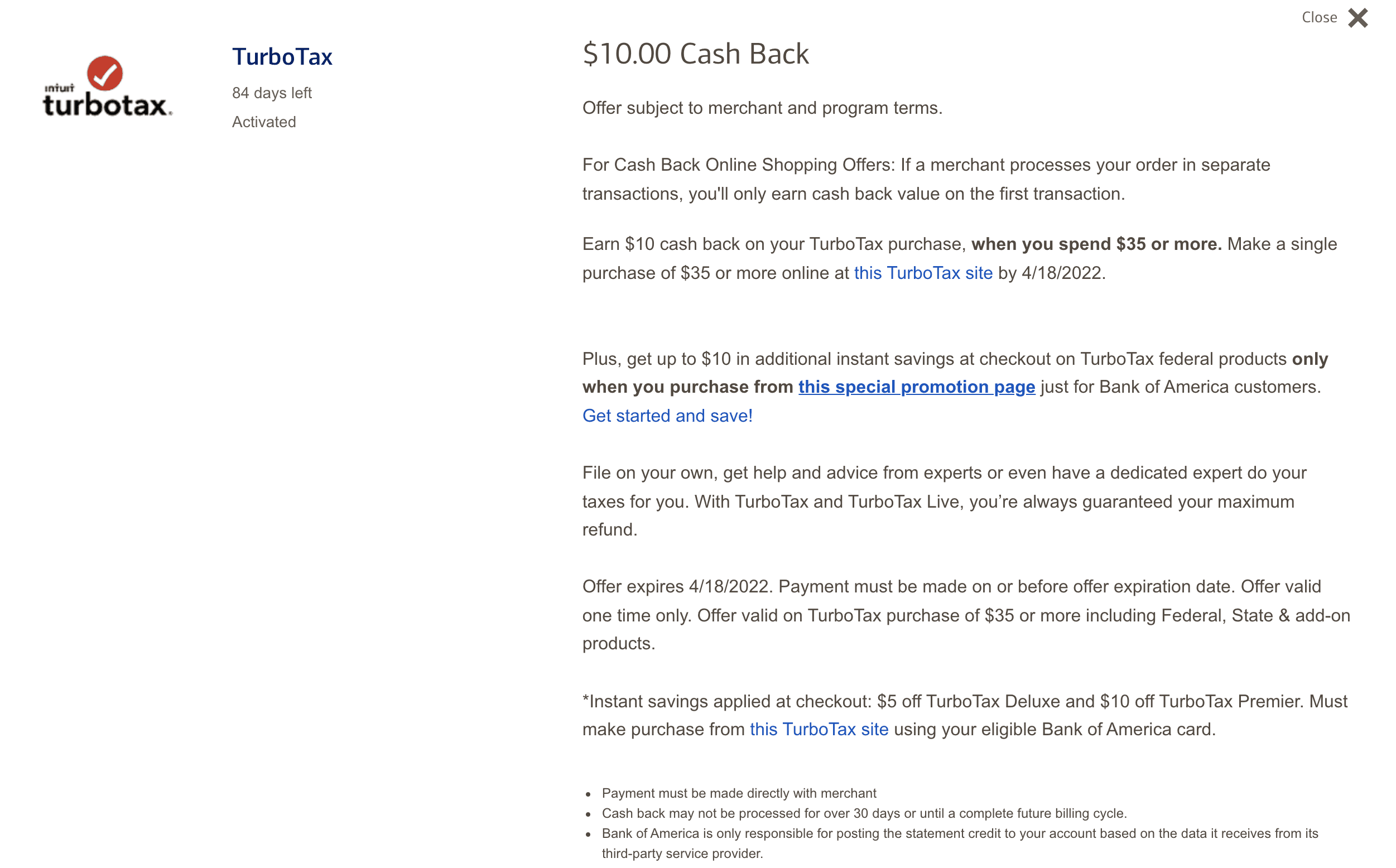 [Expired] Chase Offers/BofA TurboTax, Get 10 Cashback With 39