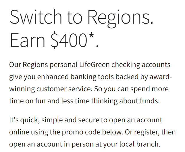 [YMMV] Regions Bank 400 Checking Bonus + 50 Referral [In Branch Only