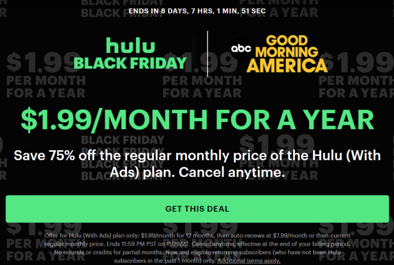 [Expired] Hulu Black Friday Friday Deal 1.99/month For Up To 12