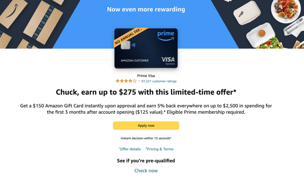 Chase Amazon Prime Visa 150 Instant Signup Bonus + 5 Everywhere